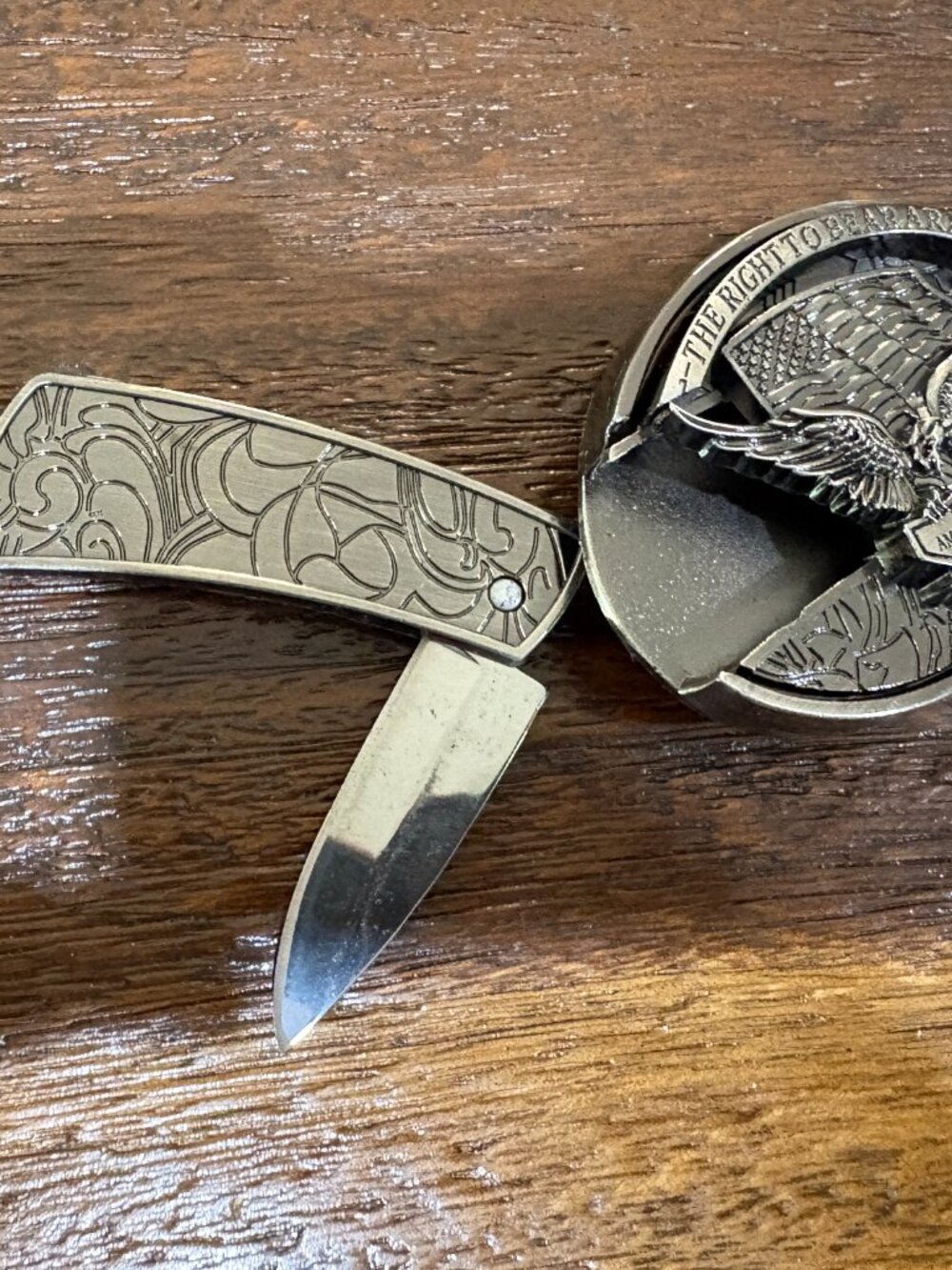 Metal Eagle 2nd Amendment Right Black Belt & Buckle Hidden Pocket Knife NEW - Picture 2 of 5